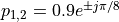 p_{1,2} = 0.9 e^{\pm j \pi/8}