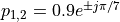 p_{1,2} = 0.9 e^{\pm j \pi/7}