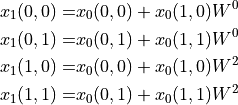 x_1(0, 0) =& x_0(0, 0) + x_0(1, 0) W^0 \\
x_1(0, 1) =& x_0(0, 1) + x_0(1, 1) W^0 \\
x_1(1, 0) =& x_0(0, 0) + x_0(1, 0) W^2 \\
x_1(1, 1) =& x_0(0, 1) + x_0(1, 1) W^2